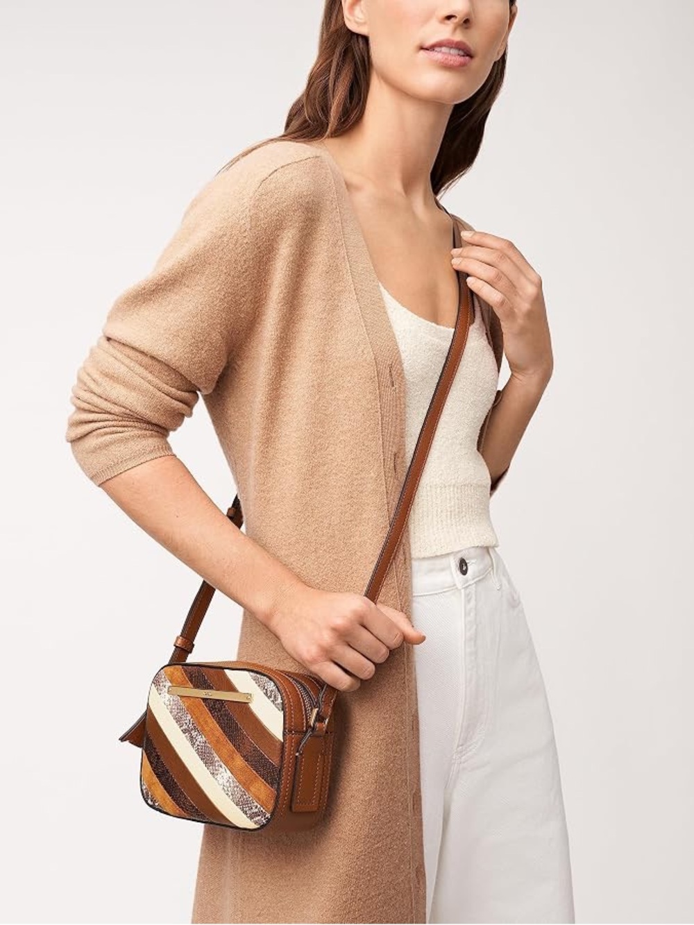 Fossil Liza Crossbody Bag diagonal striped patchwork textured cowhide leather
